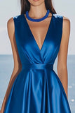 Royal Blue Satin V Neck A Line Long Formal Dress