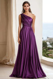 Purple Ruched One Shoulder A Line Long Formal Dress
