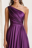 Purple Ruched One Shoulder A Line Long Formal Dress