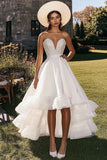 White Tiered Strapless A Line High Low Wedding Dress