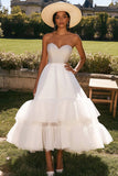 White Strapless Tiered A Line Wedding Dress With Beading