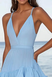 Ruffle Sky Blue A Line Spaghetti Straps Cocktail Dress