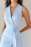 Bodycon Sky Blue Crepe V Neck Work Dress
