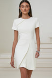 Ivory Pleated Work Dress with Short Sleeves