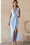 Sky Blue Satin V-Neck Long Formal Dress with Slit