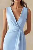Sky Blue Satin V-Neck Long Formal Dress with Slit