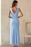 Sky Blue Satin V-Neck Long Formal Dress with Slit