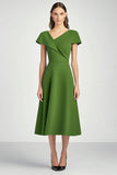 Green A Line Cap Sleeve Satin Midi Formal Dress