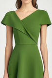 Green A Line Cap Sleeve Satin Midi Formal Dress