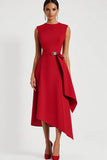Red Satin Sheath Asymmetrical Work Dress