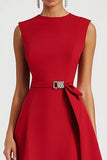Red Satin Sheath Asymmetrical Work Dress