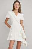 Ivory Pleated Satin Short Work Dress with Ruffles