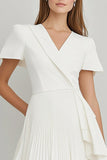 Ivory Pleated Satin Short Work Dress with Ruffles