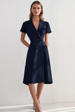 Navy A Line Peak Lapel Tea-Length Work Dress