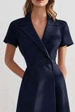 Navy A Line Peak Lapel Tea-Length Work Dress