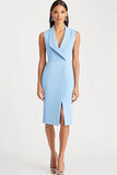 Sky Blue Shawl Lapel Satin Knee-Length Work Dress with Slit