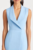 Sky Blue Shawl Lapel Satin Knee-Length Work Dress with Slit