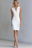 Ivory Bodycon Satin V-Neck Short Work Dress