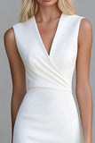 Ivory Bodycon Satin V-Neck Short Work Dress