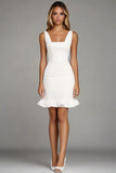 Ivory Satin Bodycon Short Work Dress with Ruffles