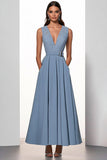 Grey Blue V-Neck A Line Satin Long Work Dress with Appliques