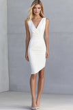 Ivory Satin V-Neck Bodycon Asymmetrical Work Dress