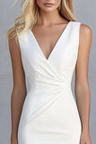 Ivory Satin V-Neck Bodycon Asymmetrical Work Dress
