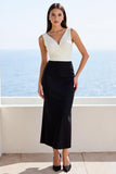 Ivory and Black Sheath V-Neck Satin Long Work Dress