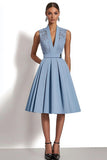 Grey Blue Satin V-Neck A Line Midi Work Dress with Appliques