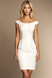 Ivory Bodycon Off the Shoulder Satin Short Work Dress