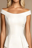 Ivory Bodycon Off the Shoulder Satin Short Work Dress