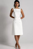 Ivory Satin A Line Double Breasted Midi Work Dress
