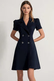 Navy Peak Lapel Double Breasted Satin Short Work Dress