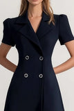 Navy Peak Lapel Double Breasted Satin Short Work Dress