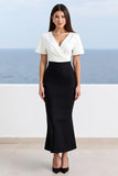 Ivory and Black V-Neck Satin Sheath Long Work Dress