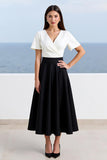 Ivory and Black Satin A Line Long Work Dress with Sleeves