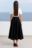 Ivory and Black Satin A Line Long Work Dress with Sleeves