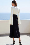 Ivory and Black Satin Flare Sleeve Long  Work Dress