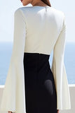 Ivory and Black Satin Flare Sleeve Long  Work Dress