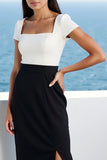 Ivory and Black Bodycon Satin Tea-Length Work Dress with Slit