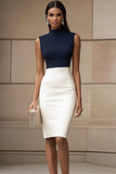 Navy and Ivory Satin Bodycon High Neck Short Work Dress