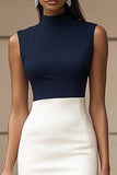 Navy and Ivory Satin Bodycon High Neck Short Work Dress