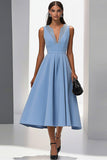 Grey Blue A Line Satin V-Neck Long Work Dress