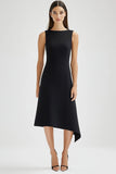 Simple Black Satin Asymmetrical Work Dress