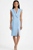 Sky Blue Satin Peak Lapel Bodycon Short Work Dress with Slit