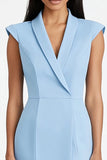 Sky Blue Satin Peak Lapel Bodycon Short Work Dress with Slit
