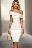 Ivory Bodycon Off the Shoulder Satin Short Work Dress