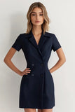 Navy Double Breasted Satin Peaked Lapel Short Work Dress