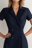 Navy Double Breasted Satin Peaked Lapel Short Work Dress
