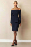 Navy Satin Off the Shoulder Bodycon Short Work Dress